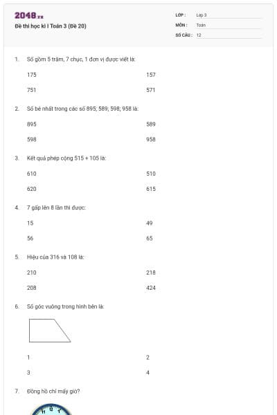 Đề thi học kì I Toán 3 (Đề 20)