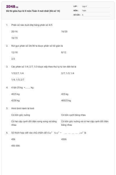 Đề thi giữa học kì II môn Toán 4 mới nhất (Đề số 14)