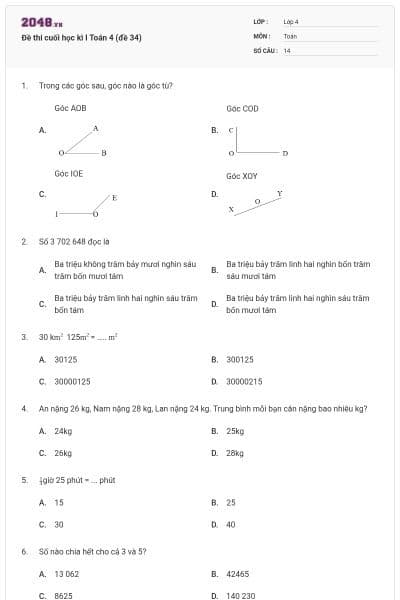 Đề thi cuối học kì I Toán 4 (đề 34)