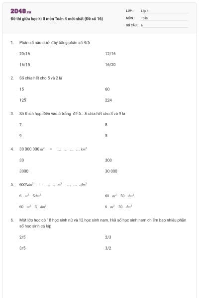 Đề thi giữa học kì II môn Toán 4 mới nhất (Đề số 16)