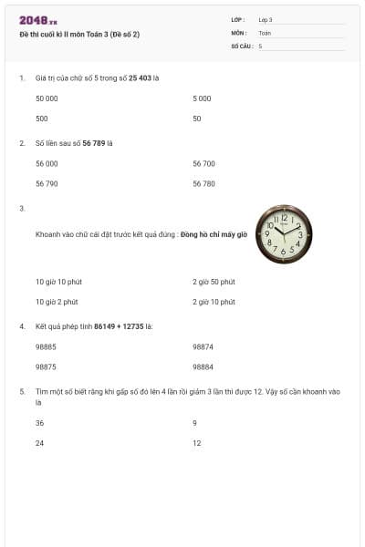 Đề thi cuối kì II môn Toán 3 (Đề số 2)