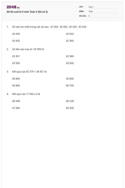 Đề thi cuối kì II môn Toán 3 (Đề số 3)