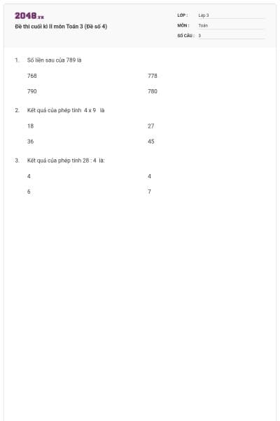 Đề thi cuối kì II môn Toán 3 (Đề số 4)