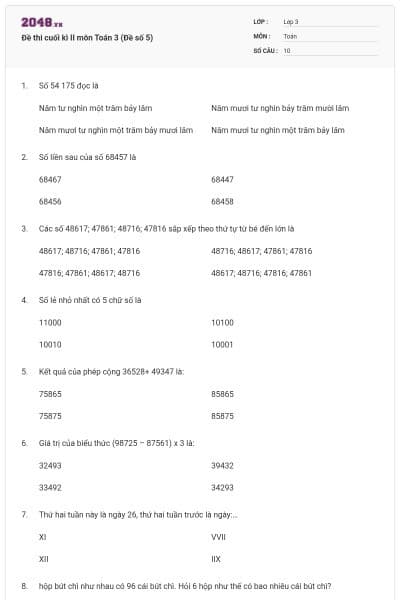 Đề thi cuối kì II môn Toán 3 (Đề số 5)