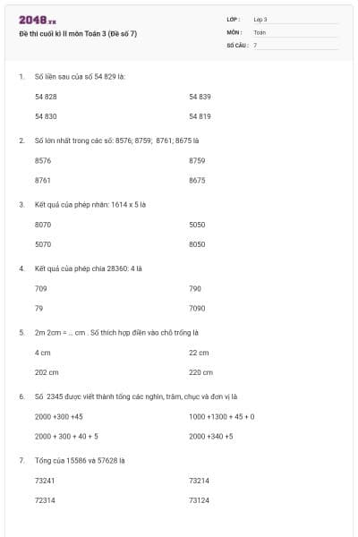 Đề thi cuối kì II môn Toán 3 (Đề số 7)
