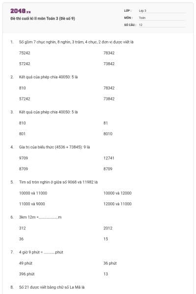 Đề thi cuối kì II môn Toán 3 (Đề số 9)