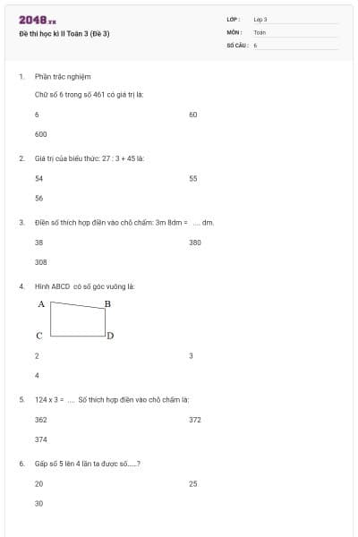 Đề thi học kì II Toán 3 (Đề 3)