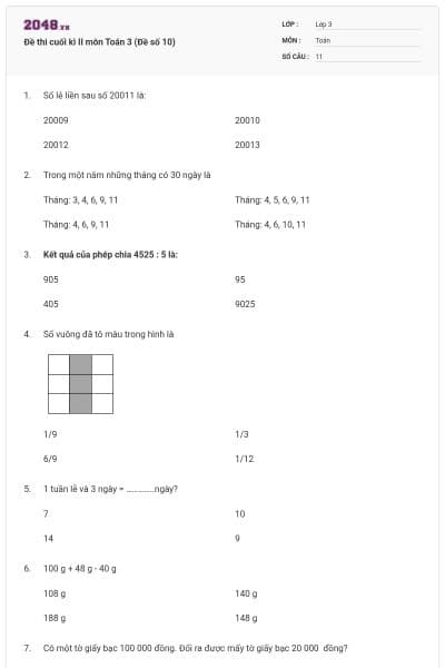 Đề thi cuối kì II môn Toán 3 (Đề số 10)