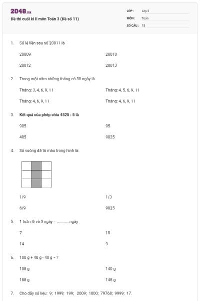 Đề thi cuối kì II môn Toán 3 (Đề số 11)