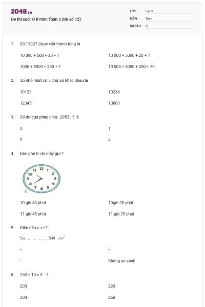 Đề thi cuối kì II môn Toán 3 (Đề số 12)
