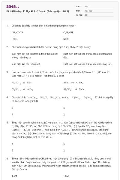 Đề thi Hóa học 11 Học kì 1 có đáp án (Trắc nghiệm - Đề 1)