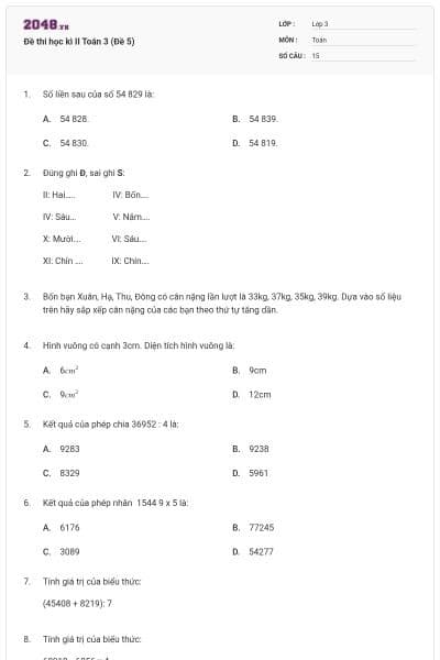 Đề thi học kì II Toán 3 (Đề 5)