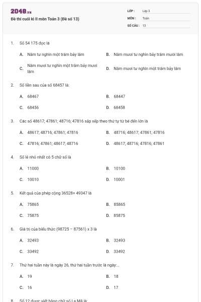 Đề thi cuối kì II môn Toán 3 (Đề số 13)