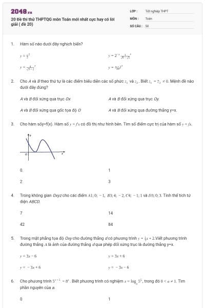 20 Đề thi thử THPTQG môn Toán mới nhất cực hay có lời giải ( đề 20)