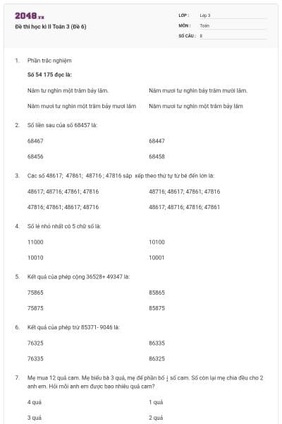 Đề thi học kì II Toán 3 (Đề 6)