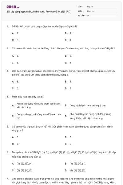 Bài tập tổng hợp Amin, Amino Axit, Protein có lời giải (P1)