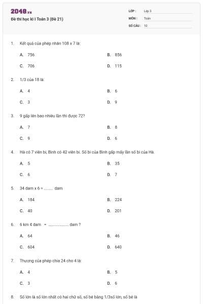 Đề thi học kì I Toán 3 (Đề 21)