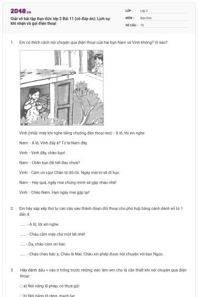 Giải vở bài tập Đạo đức lớp 2 Bài 11 (có đáp án): Lịch sự khi nhận và gọi điện thoại