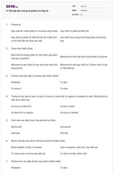 61 Bài tập đại cương về polime có đáp án