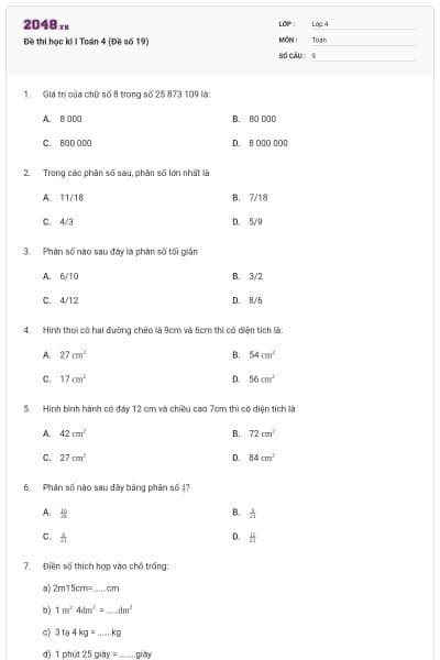 Đề thi học kì I Toán 4 (Đề số 19)
