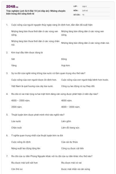 Trắc nghiệm Lịch Sử 6 Bài 10 (có đáp án): Những chuyển biến trong đời sống kinh tế