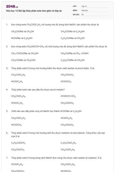 Hóa học 12 Bài tập thủy phân este đơn giản có đáp án