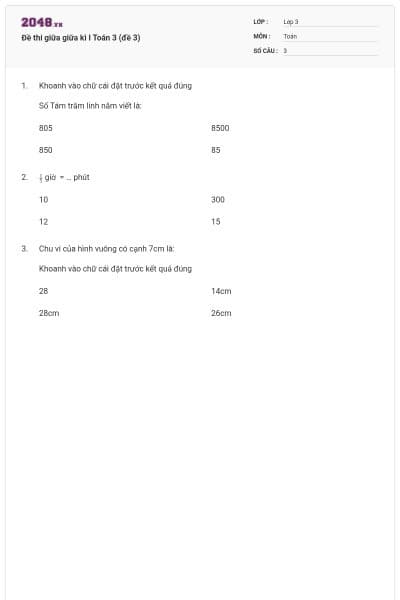 Đề thi giữa giữa kì I Toán 3 (đề 3)