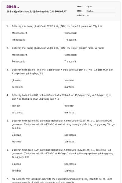 26 Bài tập đốt cháy xác định công thức CACBOHIĐRAT