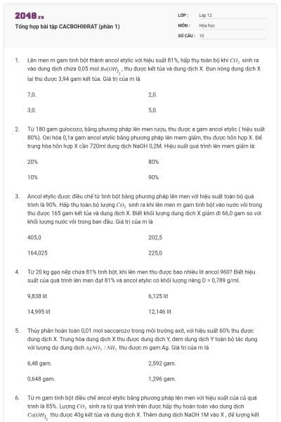 Tổng hợp bài tập CACBOHIĐRAT (phần 1)