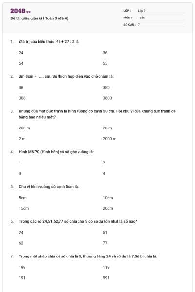 Đề thi giữa giữa kì I Toán 3 (đề 4)