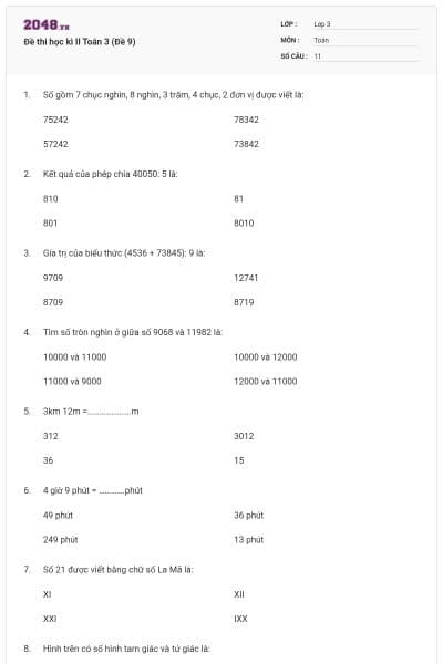 Đề thi học kì II Toán 3 (Đề 9)