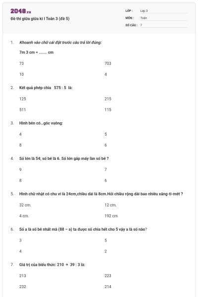 Đề thi giữa giữa kì I Toán 3 (đề 5)