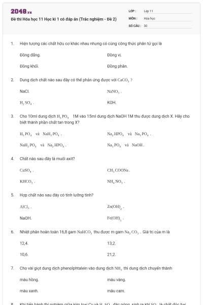 Đề thi Hóa học 11 Học kì 1 có đáp án (Trắc nghiệm - Đề 2)