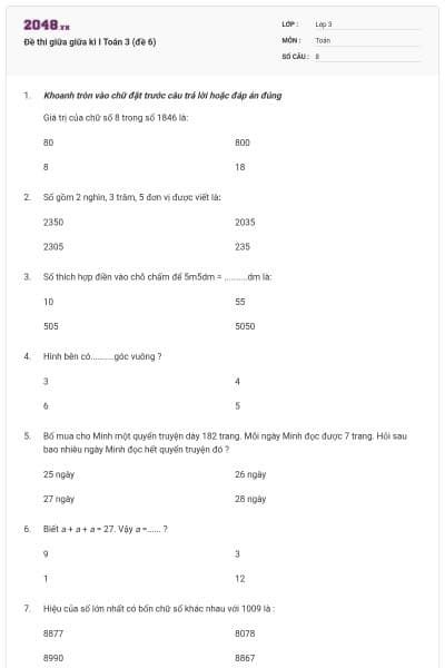 Đề thi giữa giữa kì I Toán 3 (đề 6)