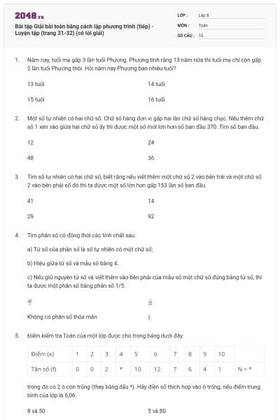 Bài tập Giải bài toán bằng cách lập phương trình (tiếp) - Luyện tập (trang 31-32) (có lời giải)