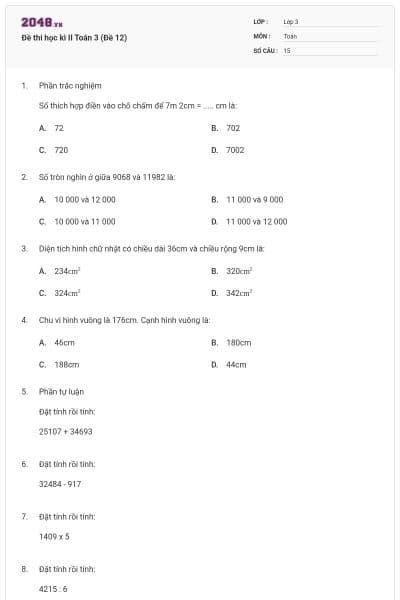 Đề thi học kì II Toán 3 (Đề 12)