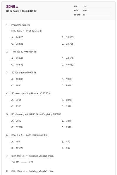 Đề thi học kì II Toán 3 (Đề 13)
