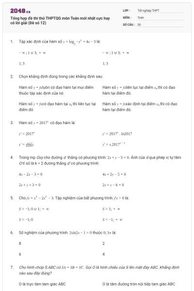 Tổng hợp đề thi thử THPTQG môn Toán mới nhất cực hay có lời giải (Đề số 12)
