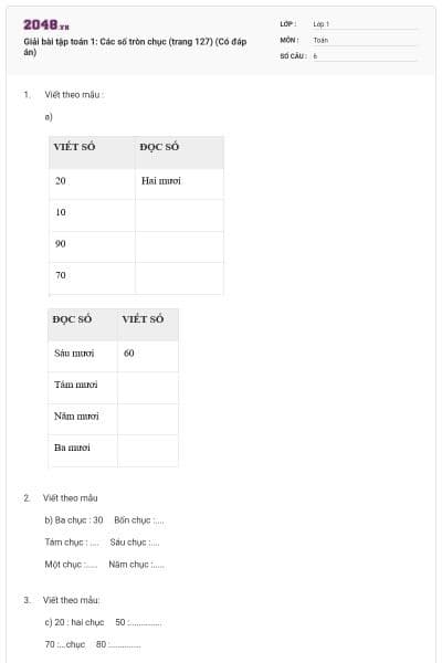Giải bài tập toán 1: Các số tròn chục (trang 127) (Có đáp án)