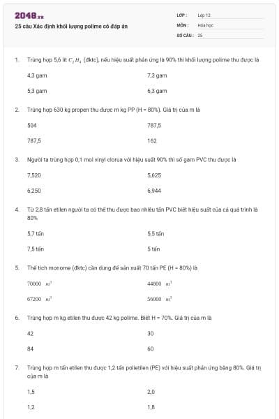 25 câu Xác định khối lượng polime có đáp án