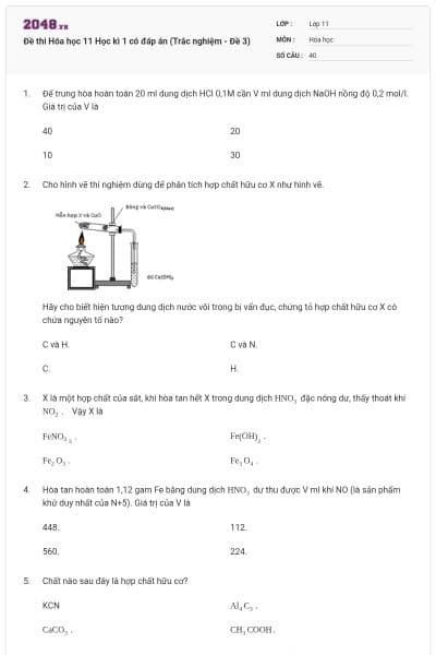 Đề thi Hóa học 11 Học kì 1 có đáp án (Trắc nghiệm - Đề 3)