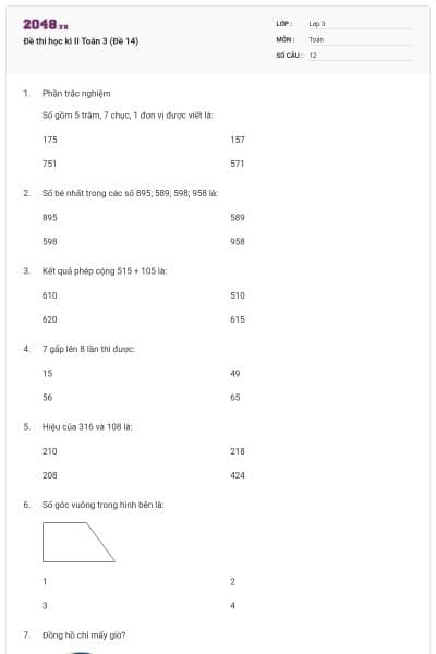 Đề thi học kì II Toán 3 (Đề 14)