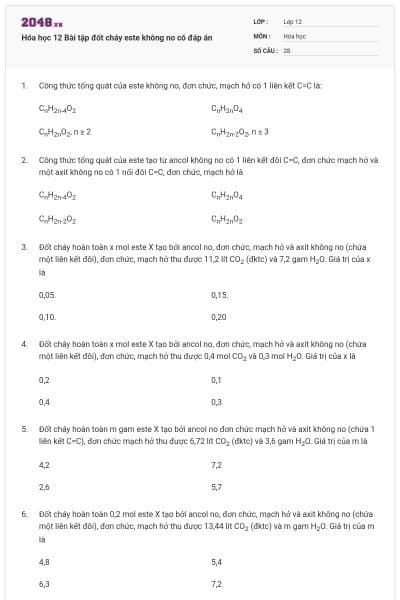 Hóa học 12 Bài tập đốt cháy este không no có đáp án