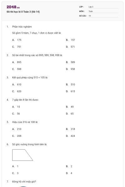 Đề thi học kì II Toán 3 (Đề 14)