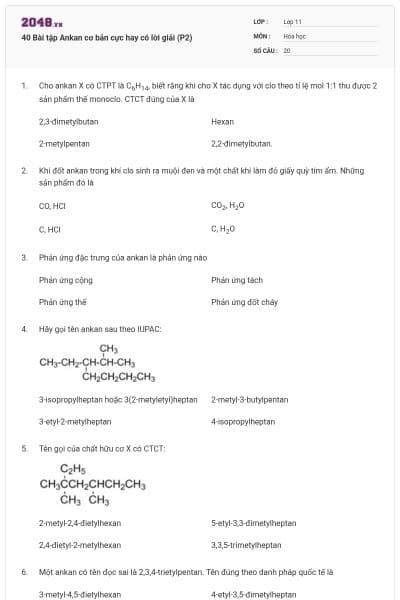 40 Bài tập Ankan cơ bản cực hay có lời giải (P2)