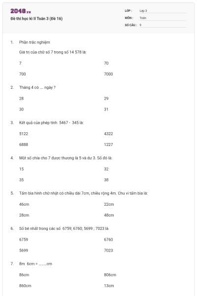 Đề thi học kì II Toán 3 (Đề 16)
