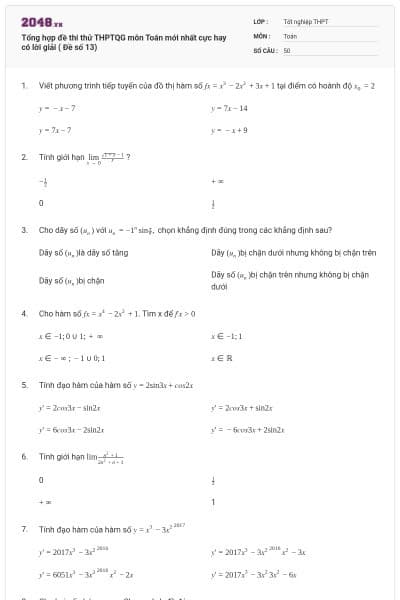 Tổng hợp đề thi thử THPTQG môn Toán mới nhất cực hay có lời giải ( Đề số 13)