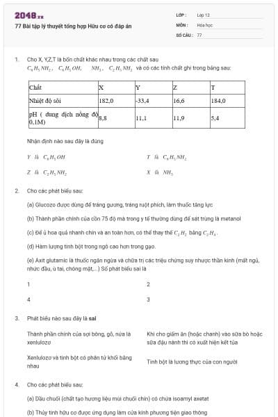 77 Bài tập lý thuyết tổng hợp Hữu cơ có đáp án