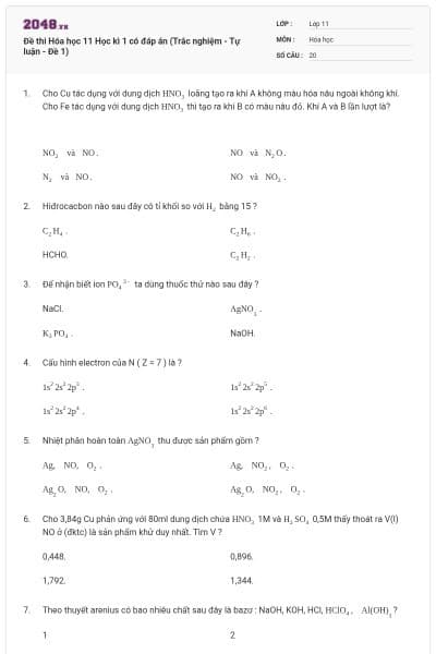 Đề thi Hóa học 11 Học kì 1 có đáp án (Trắc nghiệm - Tự luận - Đề 1)