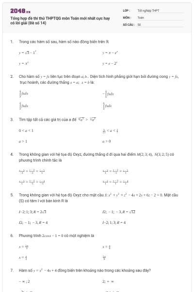 Tổng hợp đề thi thử THPTQG môn Toán mới nhất cực hay có lời giải (Đề số 14)